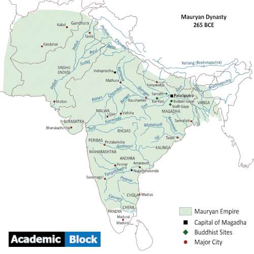 The image shows the map of the Maurya Empire led by Chandragupta Maurya highlighting Pataliputra, Taxila, Ujjain, the Himalayas, Indus River, Arabian Sea, and Bay of Bengal.
