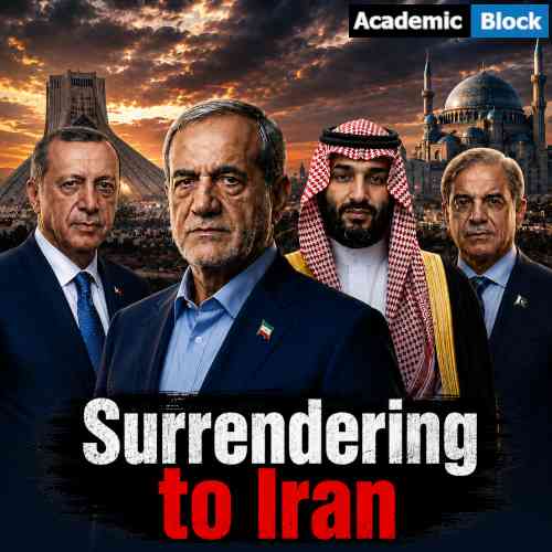 Image showing Saudi Crown Prince Mohammed bin Salman, Iranian President Masoud Pezeshkian, Pakistani Prime Minister Shehbaz Sharif and Turkish President Recep Tayyip Erdogan in a political graphic about the Mecca Defense Pact.