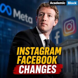 Image showing Meta CEO Mark Zuckerberg in a black suit with Instagram and Facebook logos, highlighting potential platform changes after a major U.S. youth safety trial.