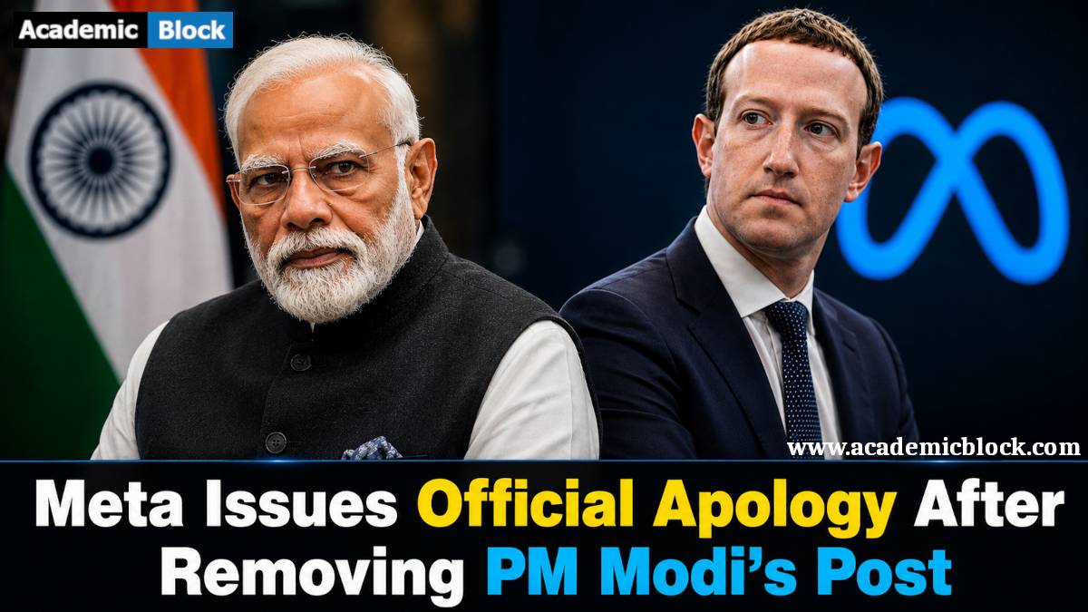 Image showing Narendra Modi and Mark Zuckerberg in a formal setting, with a bold headline about Meta issuing an official apology after the removal of PM Modi's post.