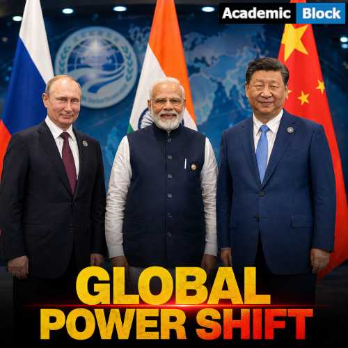 An image showing Indian Prime Minister Narendra Modi, Chinese President Xi Jinping, and Russian President Vladimir Putin at the Bishkek SCO Summit, highlighting a global power shift.