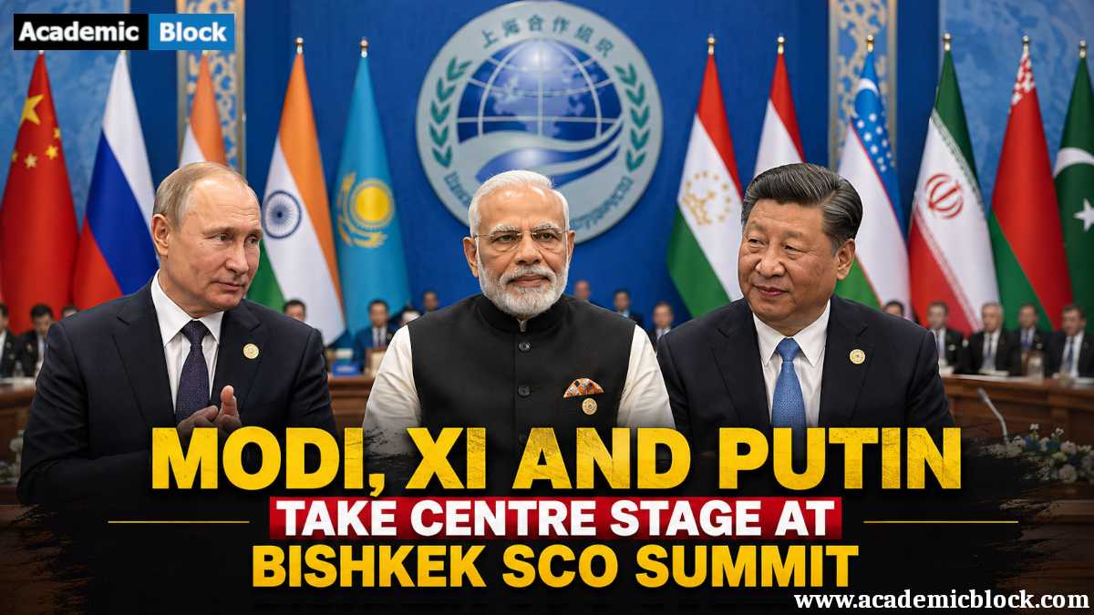 An image showing PM Narendra Modi, Xi Jinping, and Vladimir Putin at an illustrative Bishkek SCO Summit graphic featuring SCO member flags.