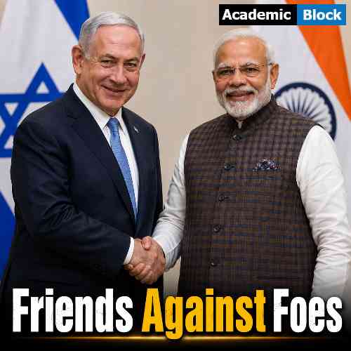Image show Israeli Prime Minister Benjamin Netanyahu and Indian Prime Minister Narendra Modi in discussion and shaking hands.