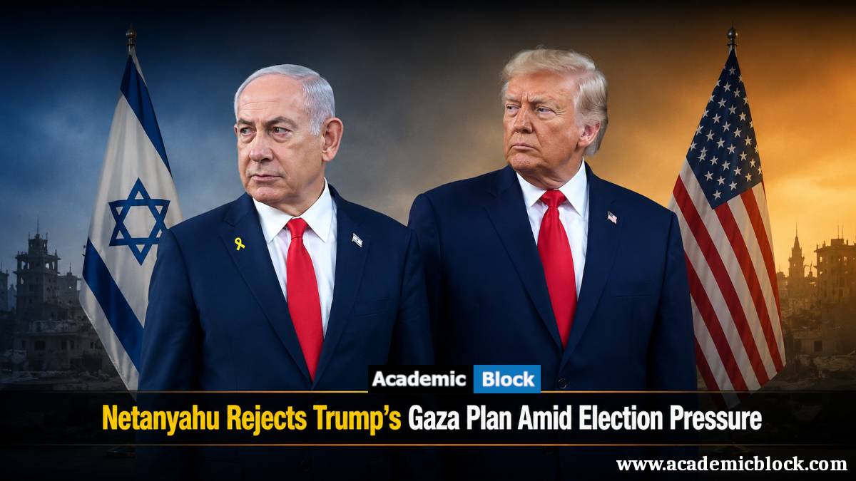 Image showing Benjamin Netanyahu and Donald Trump stand side by side with Israeli and American flags in the background, illustrating tensions over Trump’s Gaza plan amid election pressure.