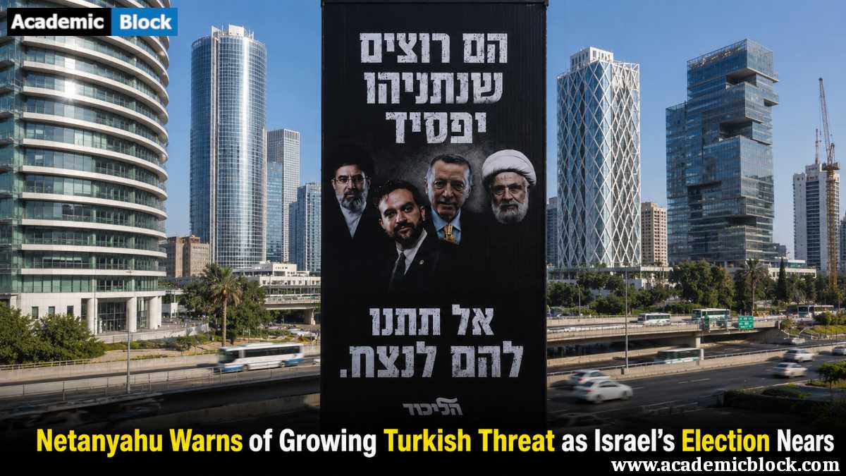 Image showing Benjamin Netanyahu election billboard in Tel Aviv with Turkish leaders and Israeli political figures, highlighting growing Turkish security concerns ahead of Israel’s election.