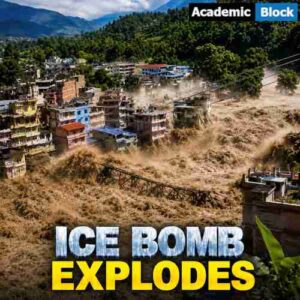 Image showing a powerful mudslide and flood surge engulfing a mountainous Nepal town with damaged buildings and a collapsed bridge, illustrating the Ice Bomb Explodes disaster.