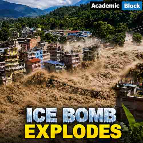 Image showing a powerful mudslide and flood surge engulfing a mountainous Nepal town with damaged buildings and a collapsed bridge, illustrating the Ice Bomb Explodes disaster.