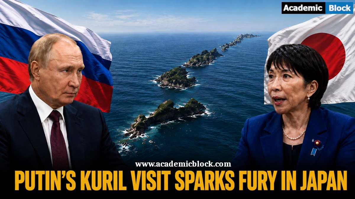 Image showing Vladimir Putin and Japan’s Prime Minister Sanae Takaichi shown with Russian and Japanese flags over the disputed Kuril Islands amid rising Russia-Japan tensions.