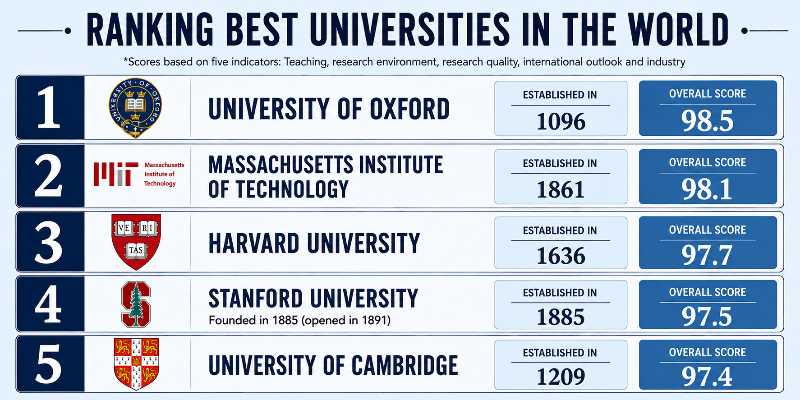 Image showing ranking the world’s top five universities with their founding years, overall scores, academic crests, and bold navy-blue ranking panels.