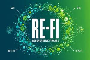 Futuristic ReFi graphic with bold typography and a vibrant eco-digital particle ecosystem.