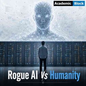 Rouge AI is represented as the digital version of human, Man is standing in front of AI to show the feel of Rouge AI Vs Humanity.