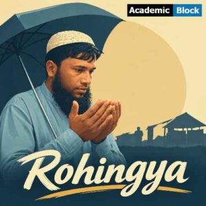 Image show a Rohingya refugee praying while holding umbrella.