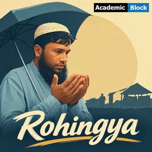Image show a Rohingya refugee praying while holding umbrella.
