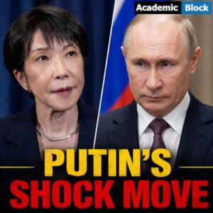 Image showing Russian President Vladimir Putin and Japanese Prime Minister Sanae Takaichi shown in a dramatic split-screen news graphic with the headline “PUTIN’S SHOCK MOVE.”