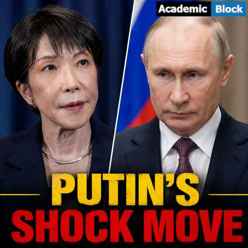 Image showing Russian President Vladimir Putin and Japanese Prime Minister Sanae Takaichi shown in a dramatic split-screen news graphic with the headline “PUTIN’S SHOCK MOVE.”