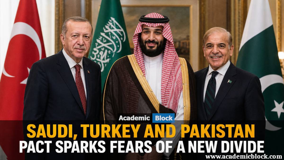 Image showing Mohammed bin Salman, Recep Tayyip Erdoğan, and Shehbaz Sharif stand alongside the Saudi, Pakistani, and Turkish flags, symbolizing the proposed defence pact in Jeddah.