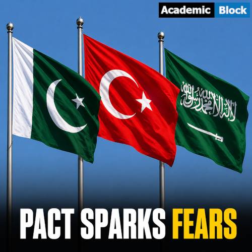 Image showing Saudi Arabia, Pakistan, and Turkey flags symbolizing a new defence pact in Jeddah.