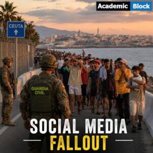 Image showing Spanish Civil Guard officers monitor migrants near Ceuta's coastal border as the "Social Media Fallout" headline highlights the role of online misinformation in Spain's migrant crisis.
