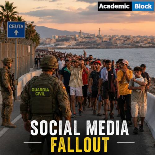 Image showing Spanish Civil Guard officers monitor migrants near Ceuta's coastal border as the "Social Media Fallout" headline highlights the role of online misinformation in Spain's migrant crisis.