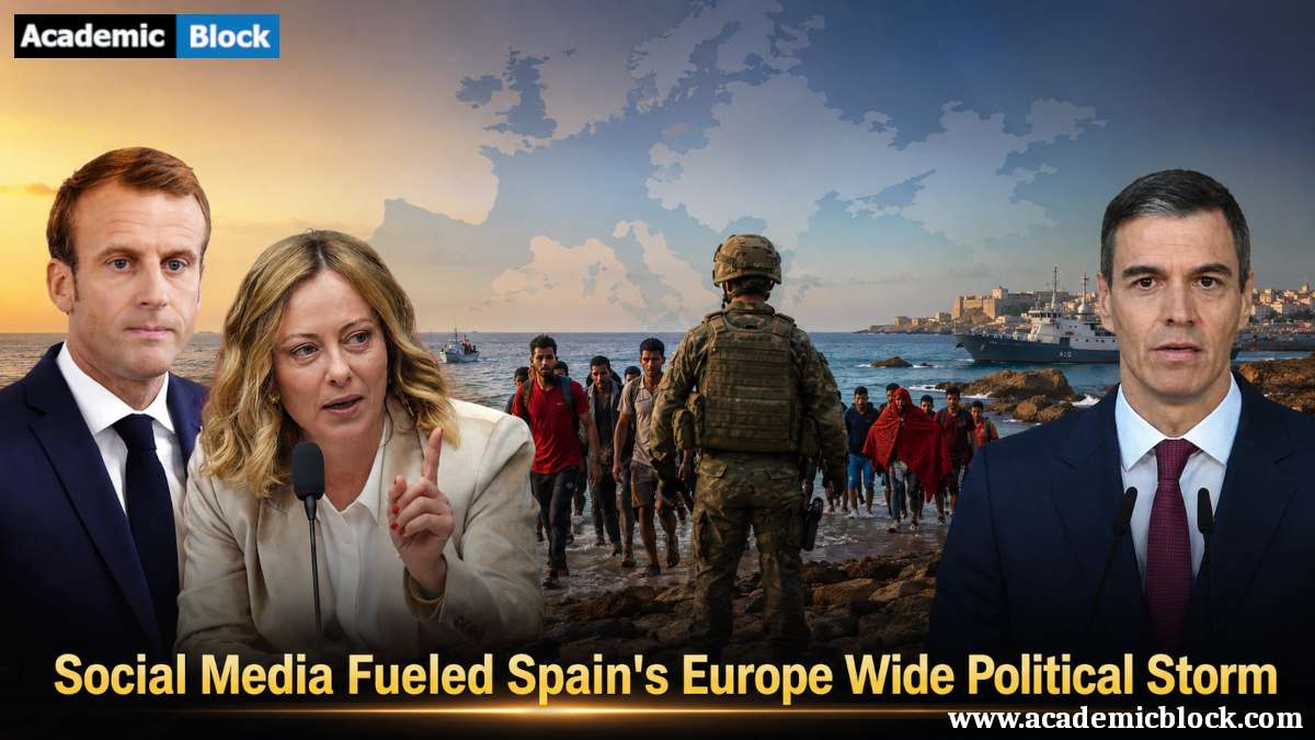 Image showing Pedro Sánchez, Giorgia Meloni, and Emmanuel Macron shown alongside migrants arriving near Ceuta during Spain's migrant crisis.