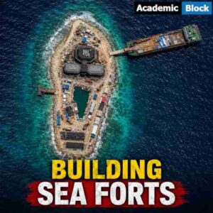 Image showing an aerial view of China’s South China Sea construction site near Yagong Island, showing a developing island, sea fort structures, and a cargo ship.