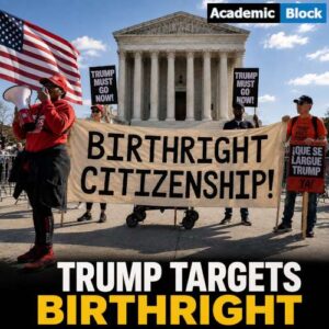 Image showing a birthright citizenship protest, the U.S. Supreme Court, and an American flag in the background, along with the headline, TRUMP TARGETS BIRTHRIGHT.