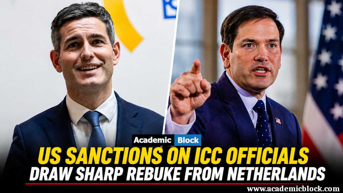 Image showing Dutch Foreign Minister Tom Berendsen and US Secretary of State Marco Rubio in a news graphic about US sanctions on ICC officials and the Netherlands' response.