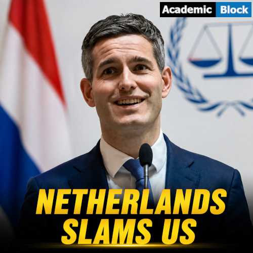 Image showing Dutch Foreign Minister Tom Berendsen speaking at a podium as Netherlands condemns US sanctions on ICC officials