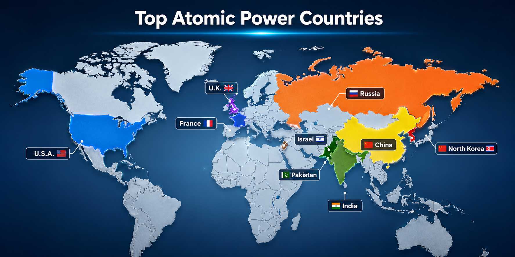 World map with infographic highlighting the top atomic power countries with color-coded regions, modern labels, and a realistic blue-themed background.