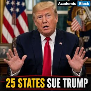 Image showing Donald Trump speaking at a desk with U.S. flags in the background, featuring the headline, 25 States Sue Trump.