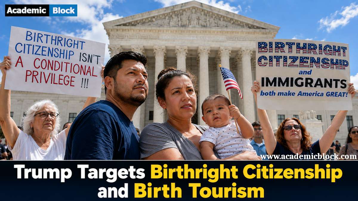 A family with a baby holding an American flag stands before the U.S. Supreme Court as protesters display birthright citizenship signs, highlighting the ongoing debate over citizenship rights and birth tourism policies.