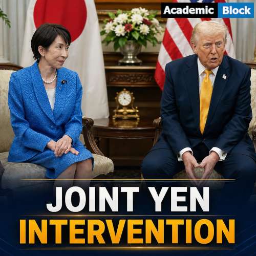 Image showing Donald Trump and a Japanese PM seated during a bilateral meeting with U.S. and Japanese flags in the background, discussing a possible joint yen intervention.