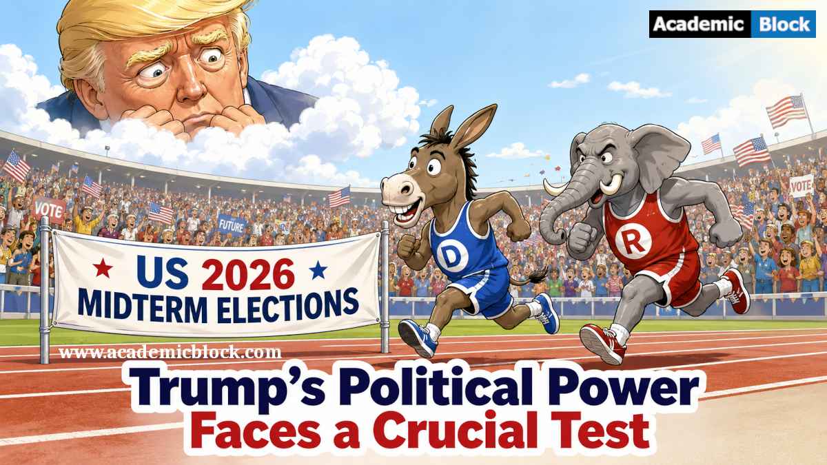 Image showing the Democratic donkey and Republican elephant racing on a stadium track toward the 2026 U.S. midterm elections, while an anxious Donald Trump watches from the sky above a flag-waving crowd.