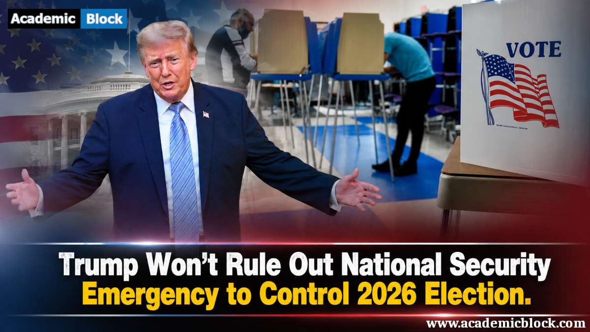 Image showing Donald Trump alongside a US voting scene with ballot booths and an American flag, illustrating the 2026 election emergency debate.