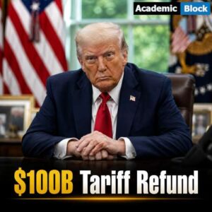 Image showing U.S. President Donald Trump in the Oval Office with the headline "$100B Tariff Refund," representing the court-ordered refund of Liberation Day tariffs to U.S. businesses.