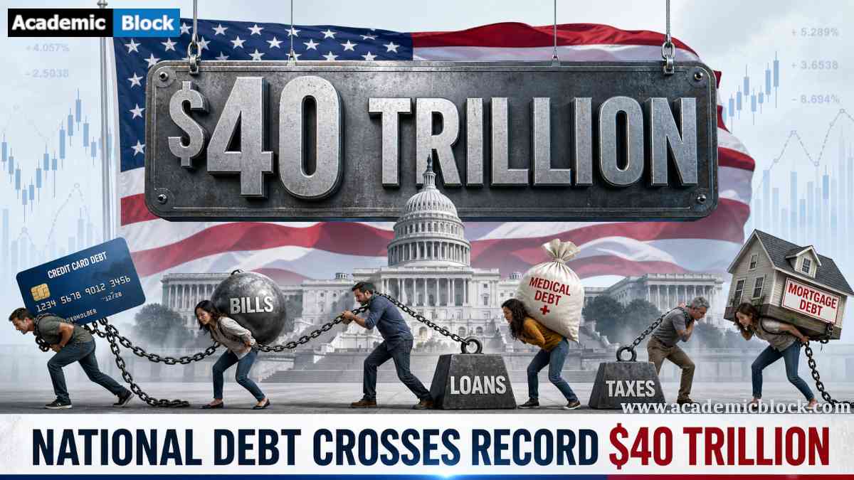 Infographic showing a giant hand of U.S. dollar bills suspending a metallic “$40 TRILLION” sign above the Capitol and a waving American flag, while diverse citizens strain to pull heavy blocks labeled Credit Card Debt, Bills, Loans, Medical Debt, Taxes, and Mortgage Debt against a backdrop of faint stock charts.