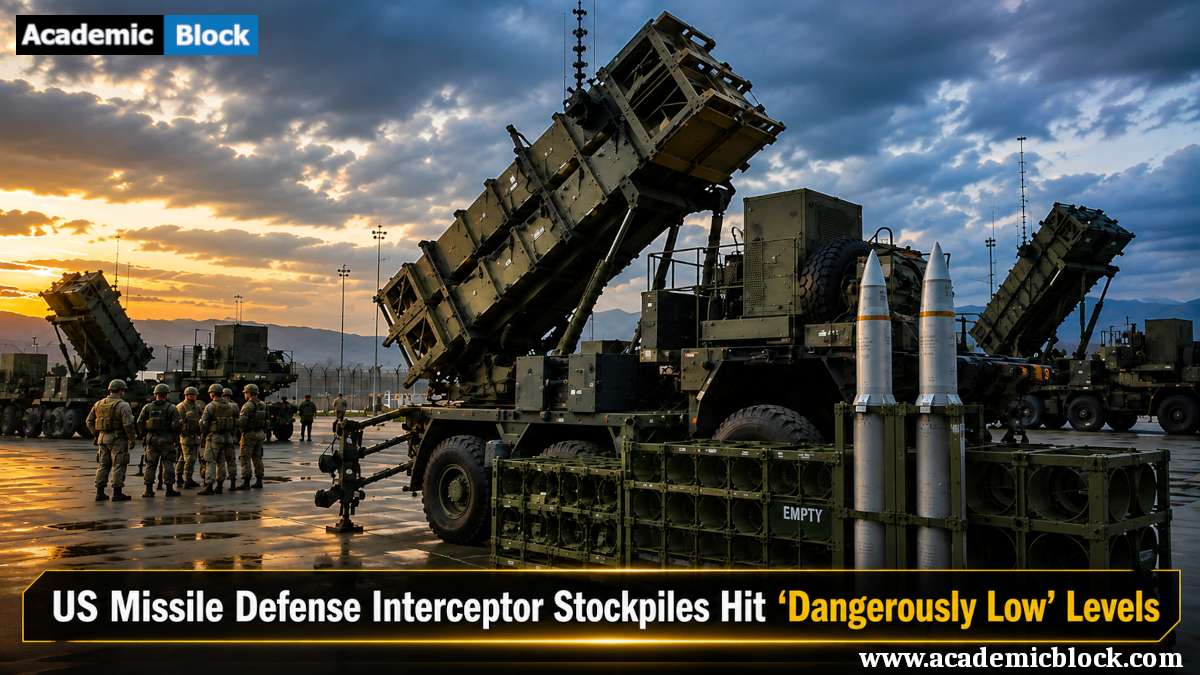 Image showing US Patriot missile defense launchers and interceptor missiles highlighting low US missile defense stockpiles.