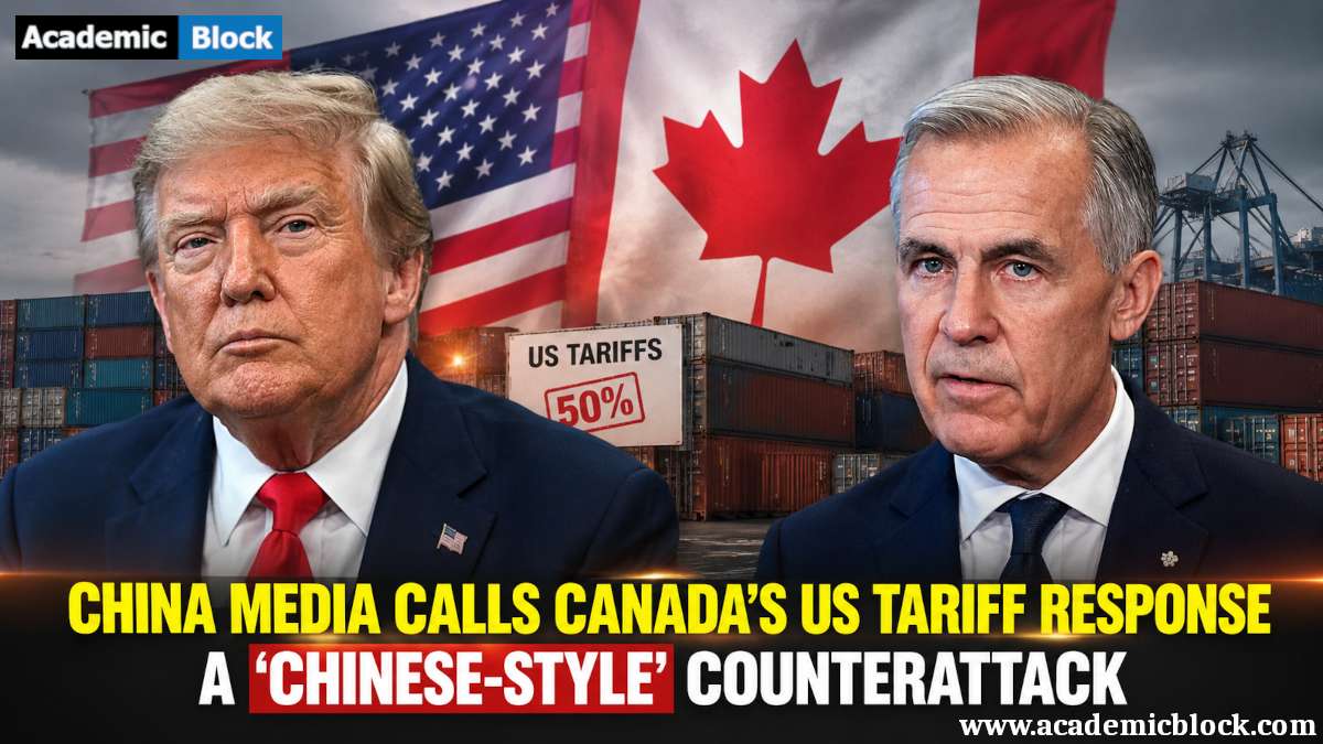Image showing US President Donald Trump and Canadian Prime Minister Mark Carney amid US-Canada tariff tensions as China’s Global Times praises Canada’s response.