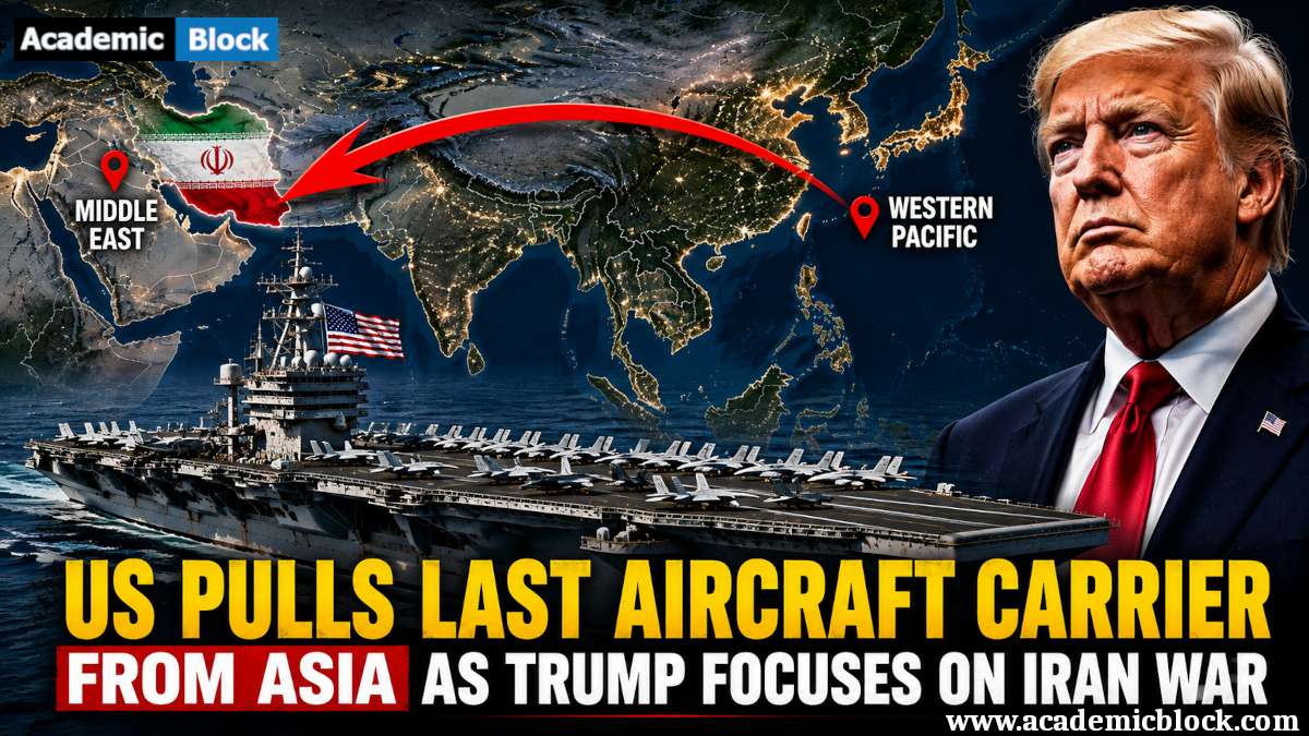An image showing a US aircraft carrier moves from the Western Pacific toward the Middle East as Trump focuses on the Iran war and China gains a strategic opening.