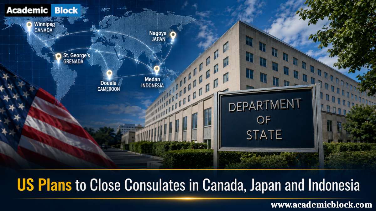 Image showing the U.S. State Department with a world map showing proposed consulate closures in Canada, Japan, and Indonesia.
