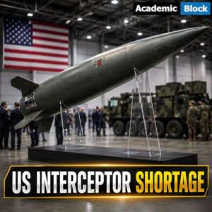 Image showing US interceptor missile displayed at a defense exhibition with the headline US Interceptor Shortage, highlighting concerns over declining US missile defense stockpiles.