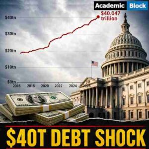 Image showing US national debt surpasses $40 trillion, shown with a rising debt chart, the US Capitol, and stacks of dollar bills.