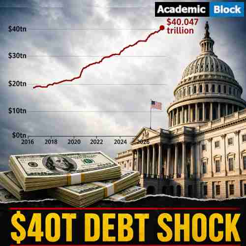 Image showing US national debt surpasses $40 trillion, shown with a rising debt chart, the US Capitol, and stacks of dollar bills.