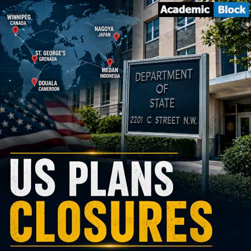 Image showing the U.S. Department of State building with a world map highlighting proposed diplomatic mission closures in Canada, Japan, Indonesia, Cameroon, and Grenada under the headline US Plans Closures.