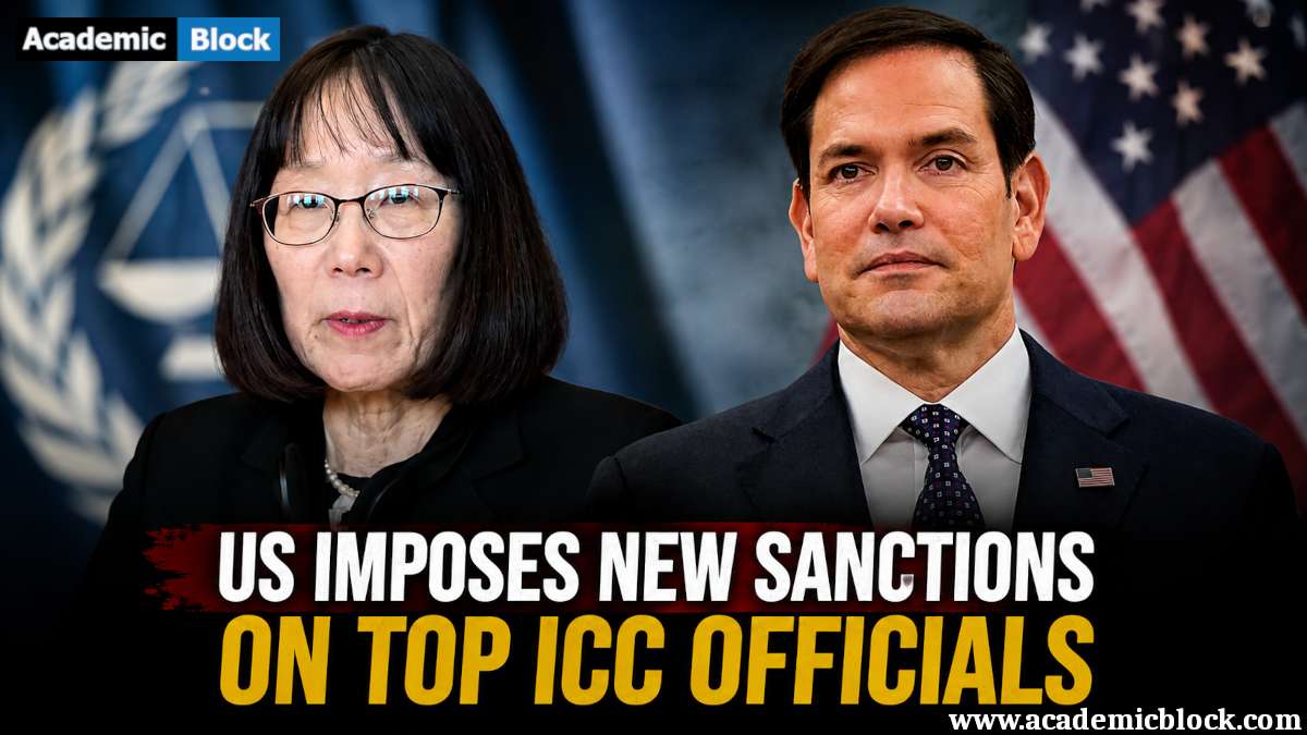 An image showing ICC President Tomoko Akane and US Secretary of State Marco Rubio is shown in a news graphic about new US sanctions on senior ICC officials.