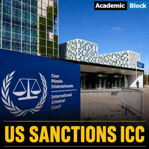 Image showing the International Criminal Court building with the headline reading “US Sanctions ICC” after new US sanctions on senior ICC officials.