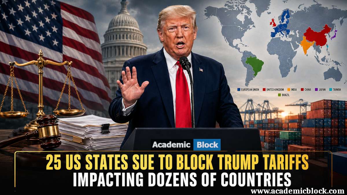 Image showing Donald Trump speaks with a legal gavel, U.S. Capitol, world map, and shipping containers symbolize the lawsuit by 25 U.S. states over Section 301 tariffs.