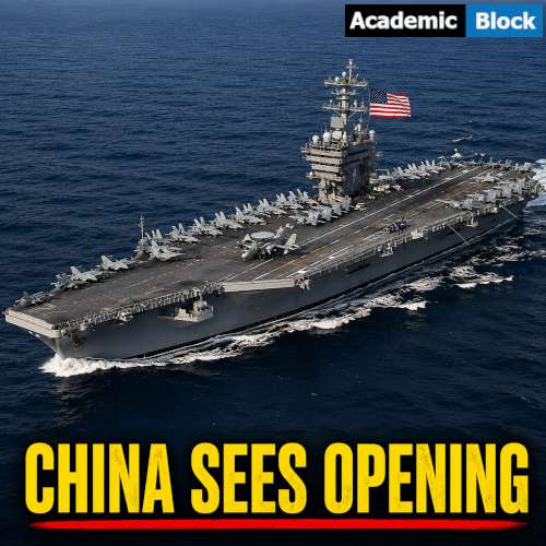 The image showing the USS Abraham Lincoln aircraft carrier at sea during its extended deployment supporting US military operations against Iran.