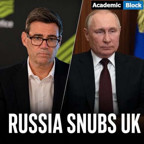 Image showing Vladimir Putin and Britain’s Prime Minister Andy Burnham is shown in a split-screen news graphic highlighting tensions between Russia and the UK. Andy Burnham became UK prime minister on July 20, 2026