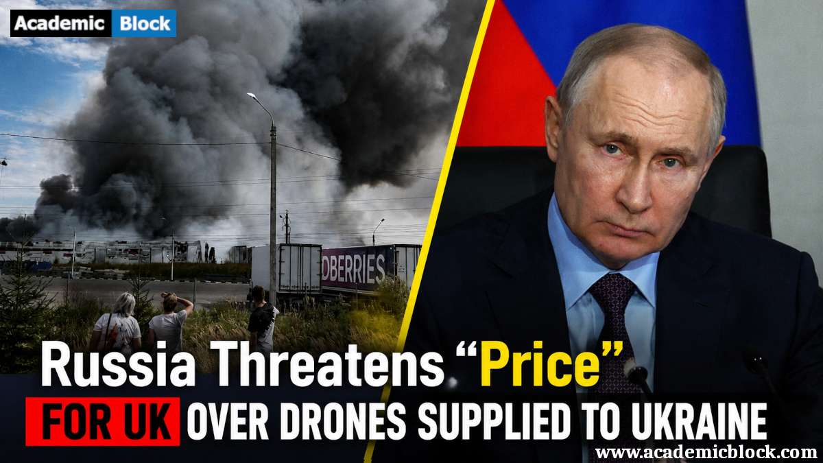 Image showing Vladimir Putin pictured beside a large plume of smoke, illustrating Russia’s warning of consequences for the UK over drones supplied to Ukraine.